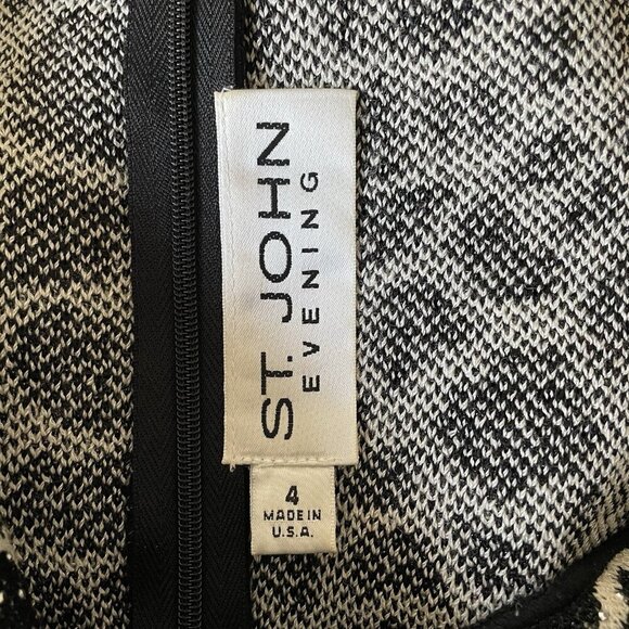 ST JOHN Evening Santana Knit Cocktail Dress Metallic Shimmer Studs Black White 4 - Picture 11 of 16